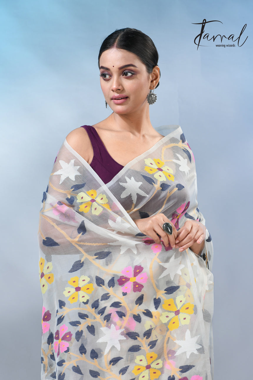 Offwhite allover floral muslin silk handwoven jamdani saree