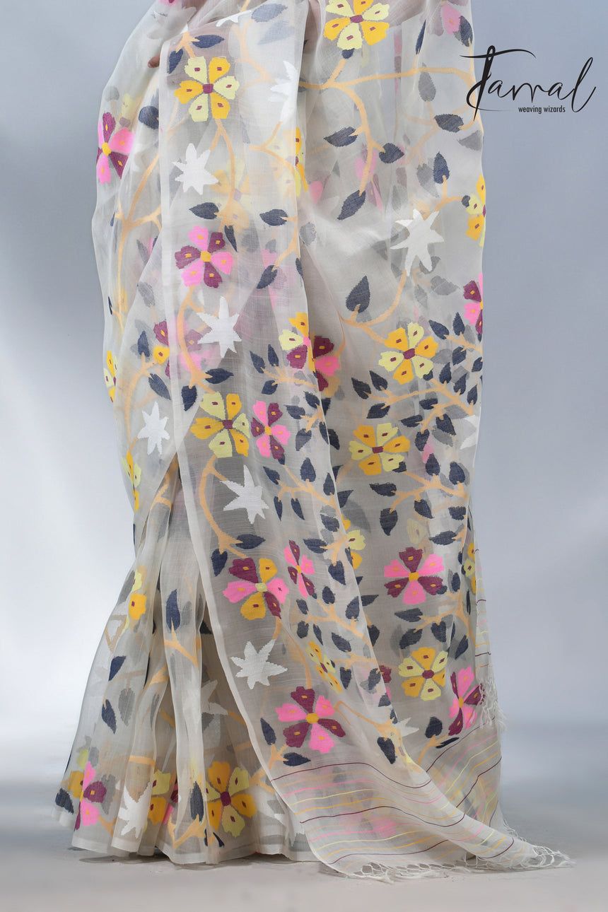 Offwhite allover floral muslin silk handwoven jamdani saree