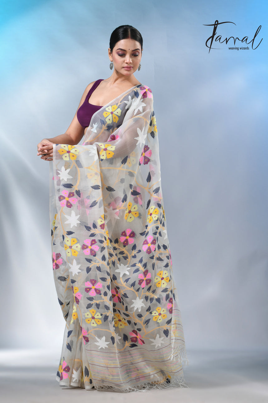 Offwhite allover floral muslin silk handwoven jamdani saree