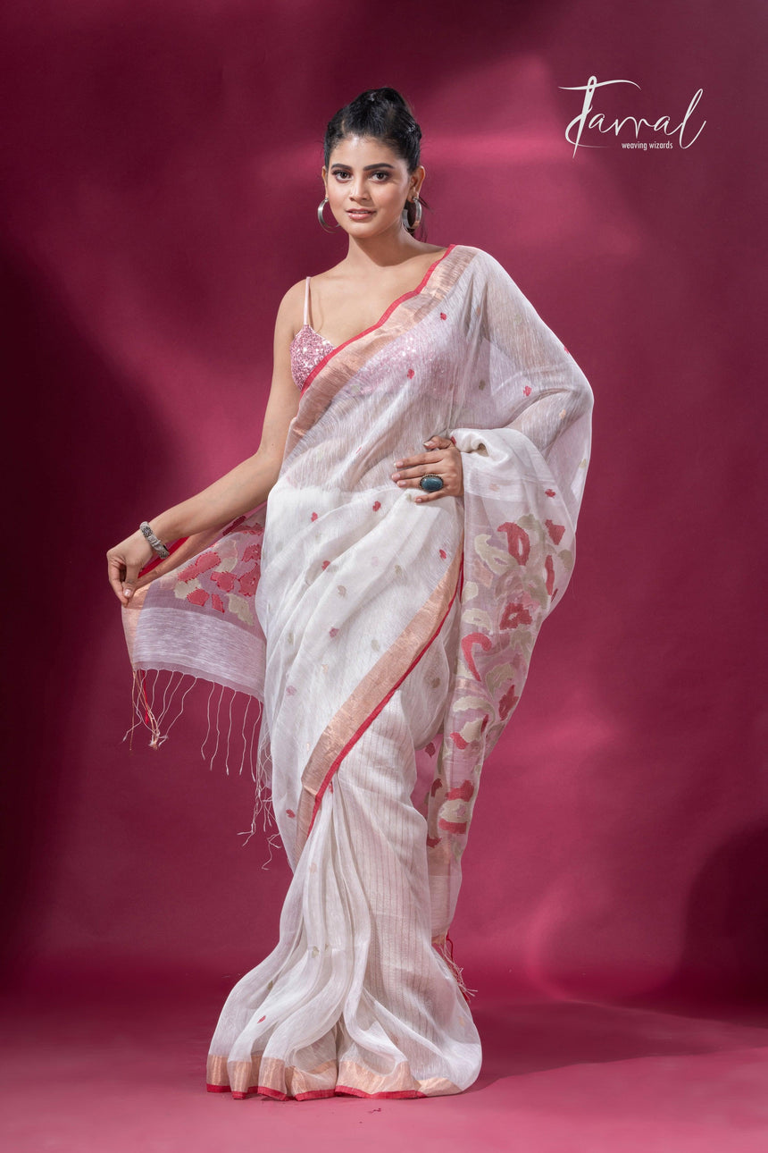 Offwhite with zari border silk linen handwoven jamdani saree - Tamal Boutique