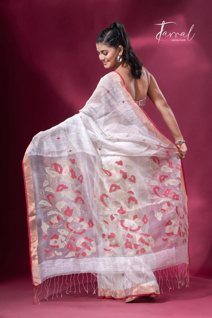 Offwhite with zari border silk linen handwoven jamdani saree - Tamal Boutique