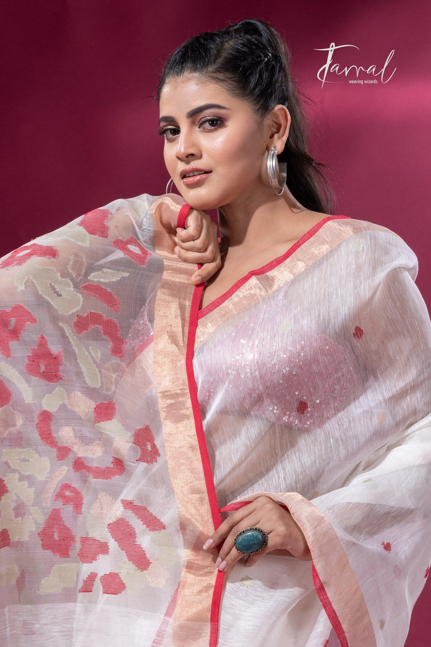 Offwhite with zari border silk linen handwoven jamdani saree - Tamal Boutique