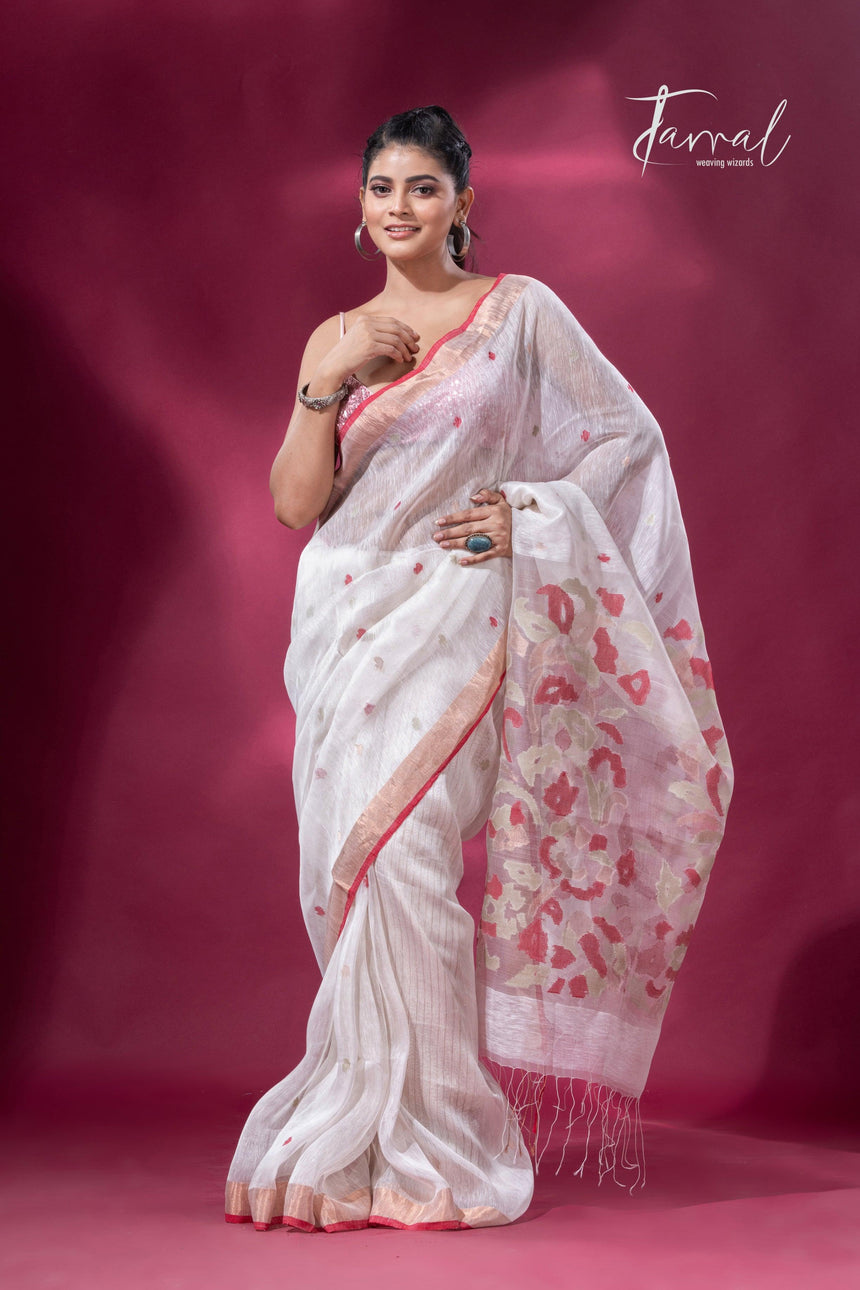 Offwhite with zari border silk linen handwoven jamdani saree - Tamal Boutique