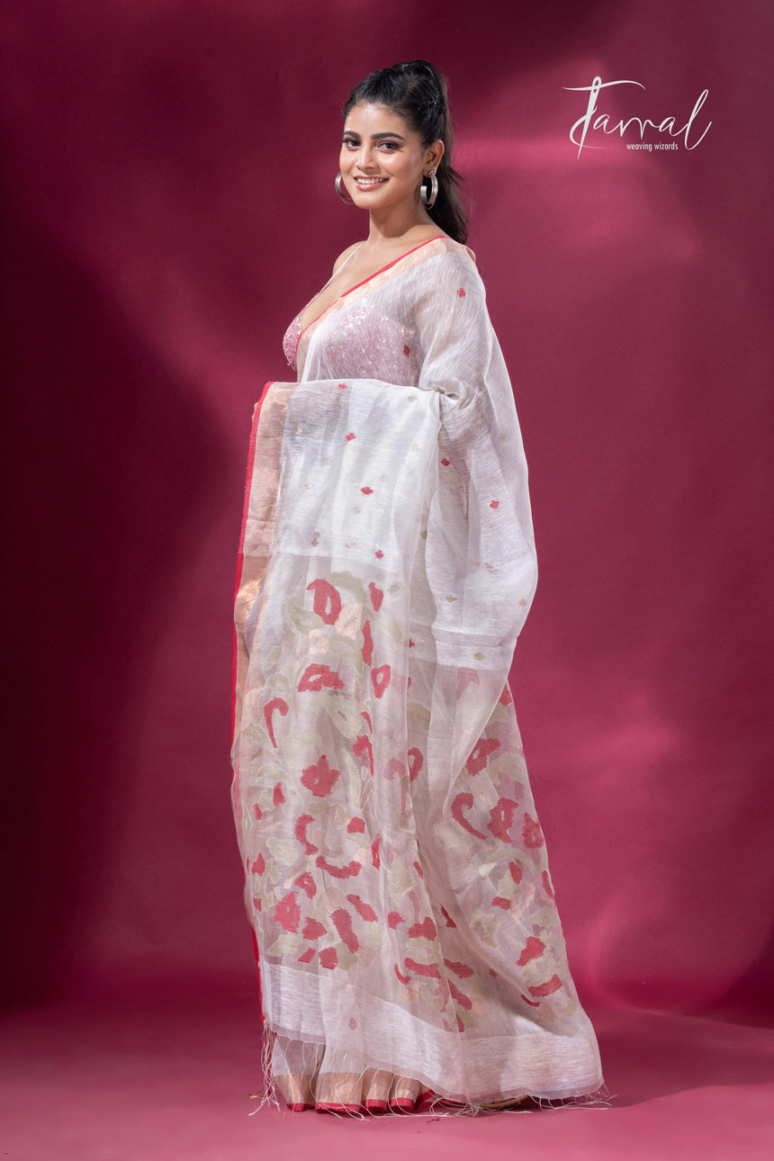 Offwhite with zari border silk linen handwoven jamdani saree - Tamal Boutique