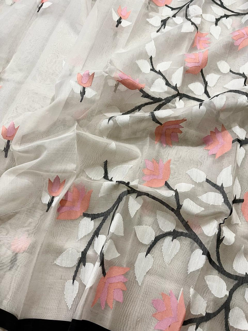 Offwhite with black border floral muslin silk handwoven jamdani saree - Tamal Boutique
