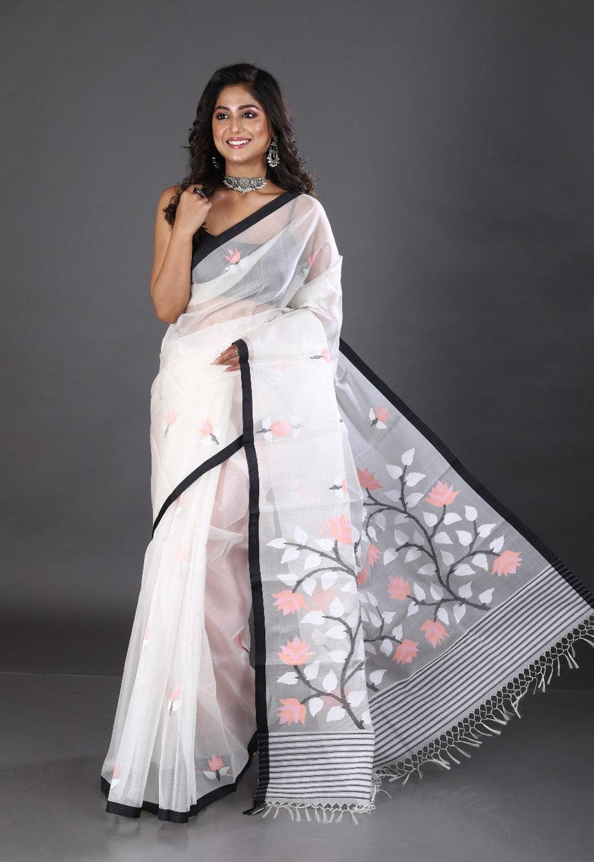 Offwhite with black border floral muslin silk handwoven jamdani saree - Tamal Boutique