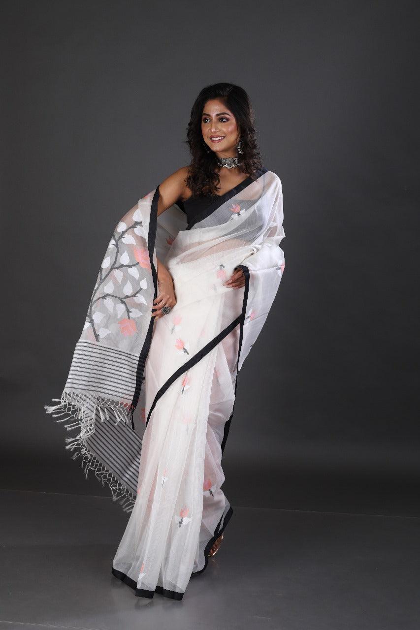 Offwhite with black border floral muslin silk handwoven jamdani saree - Tamal Boutique