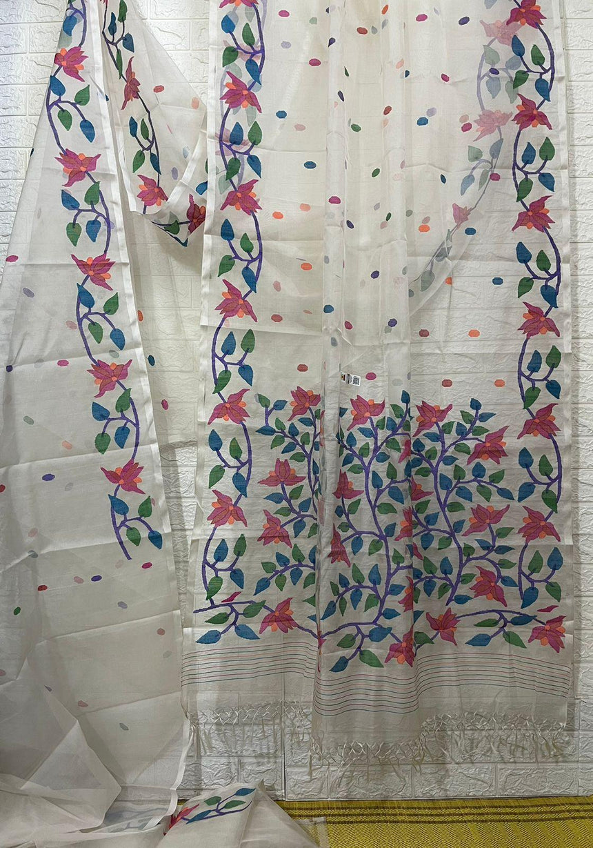 Offwhite with multi floral border with all over buta handwoven jamdani saree in muslin silk - Tamal Boutique