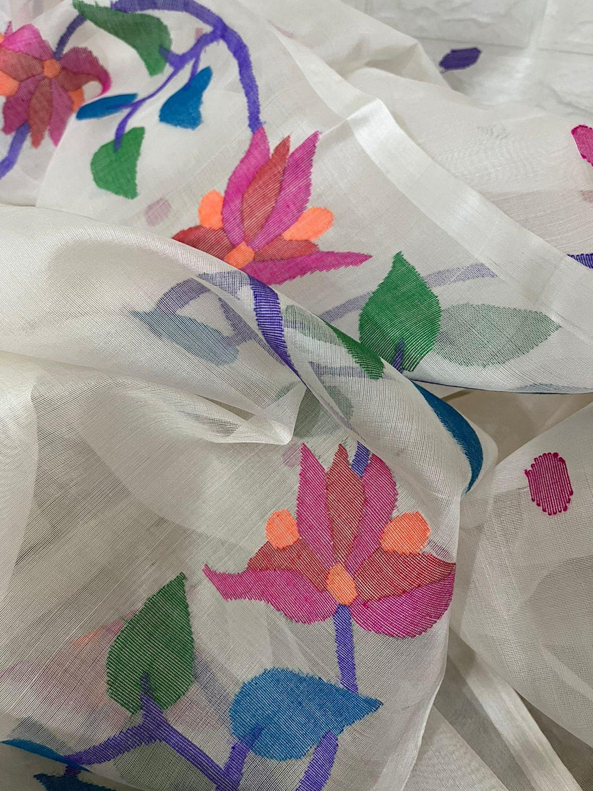 Offwhite with multi floral border with all over buta handwoven jamdani saree in muslin silk - Tamal Boutique