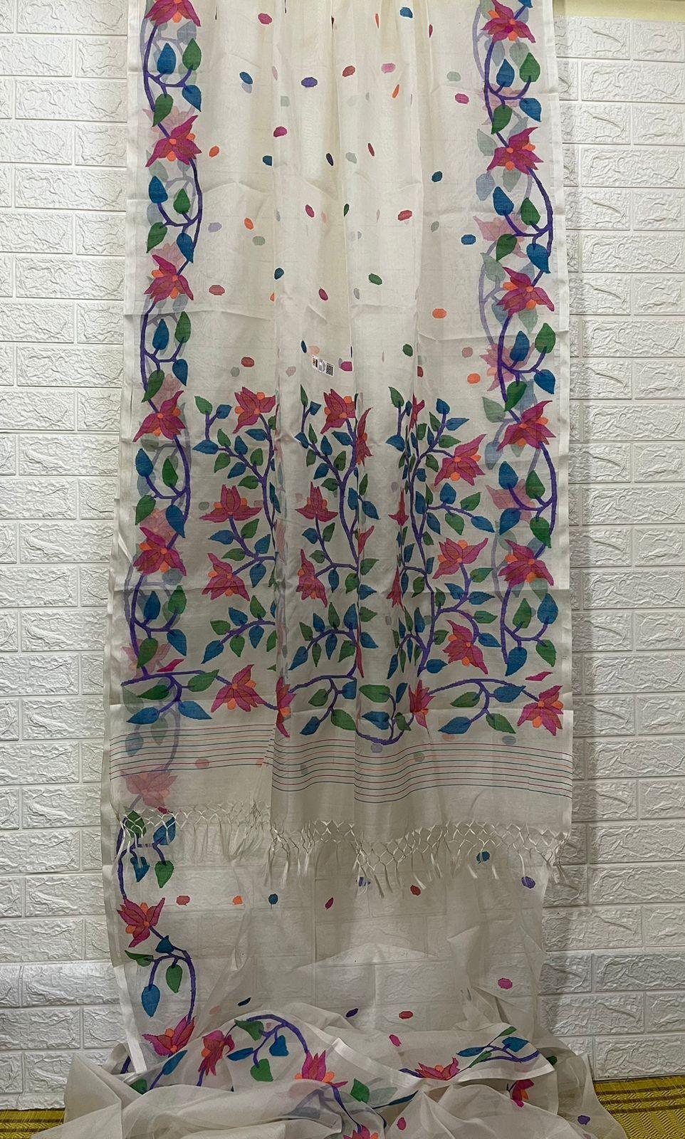 Offwhite with multi floral border with all over buta handwoven jamdani saree in muslin silk - Tamal Boutique