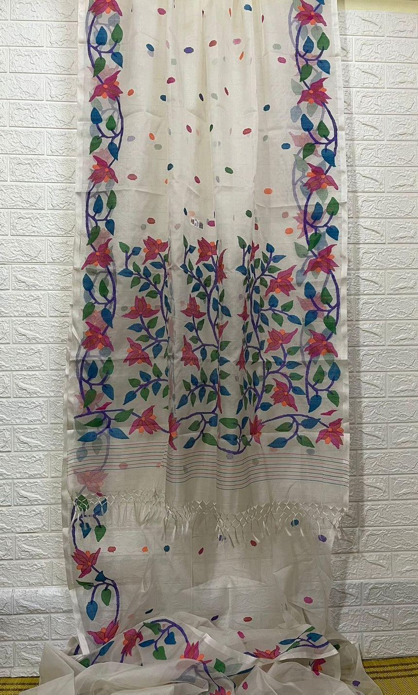 Offwhite with multi floral border with all over buta handwoven jamdani saree in muslin silk - Tamal Boutique