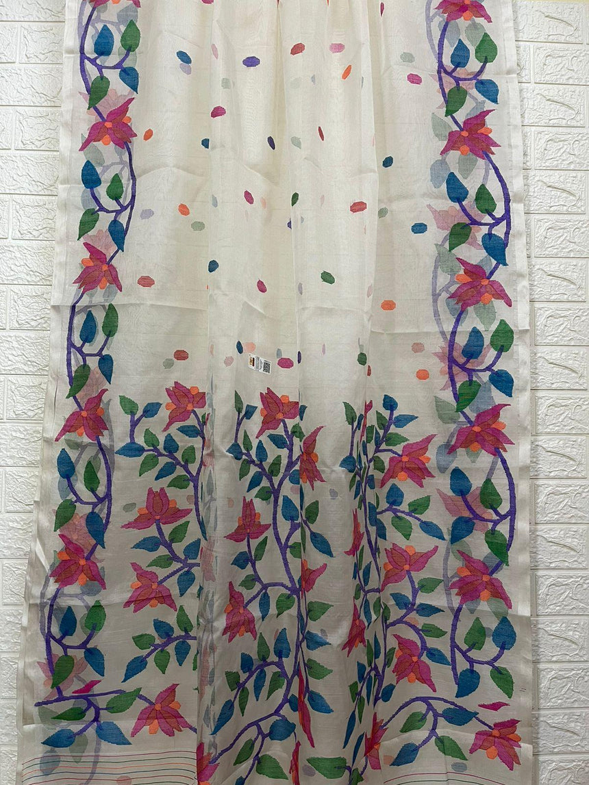 Offwhite with multi floral border with all over buta handwoven jamdani saree in muslin silk - Tamal Boutique
