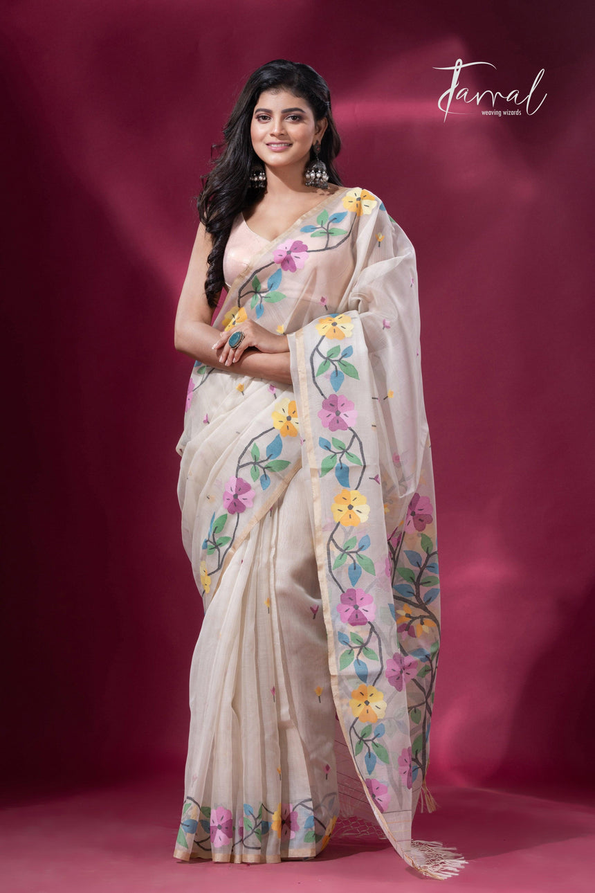 Offwhite floral elegance muslin silk handwoven jamdani saree2