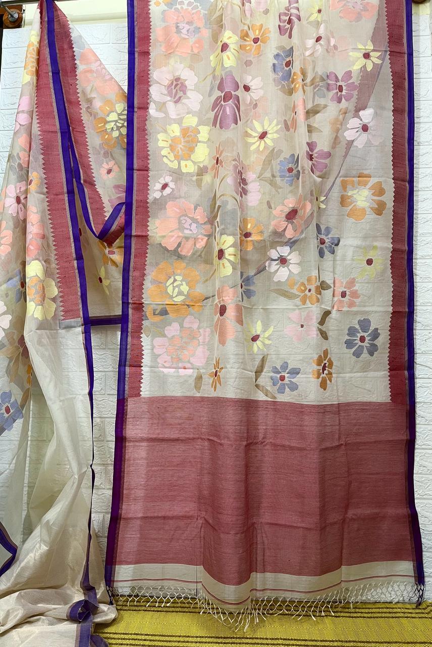 Offwhite with multi colour seasonal flowers motifs handwoven jamdani in muslin silk saree - Tamal Boutique