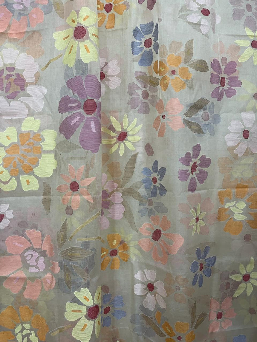 Offwhite with multi colour seasonal flowers motifs handwoven jamdani in muslin silk saree - Tamal Boutique