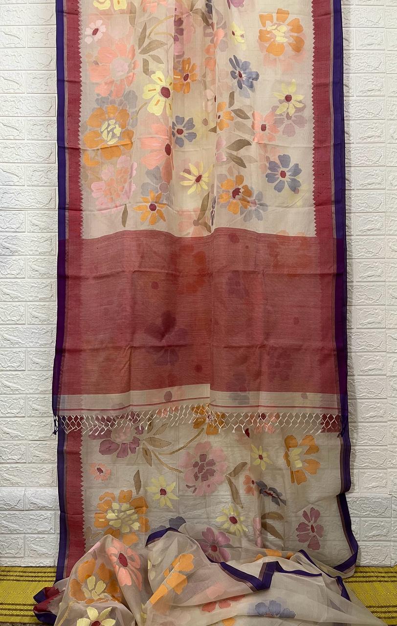 Offwhite with multi colour seasonal flowers motifs handwoven jamdani in muslin silk saree - Tamal Boutique