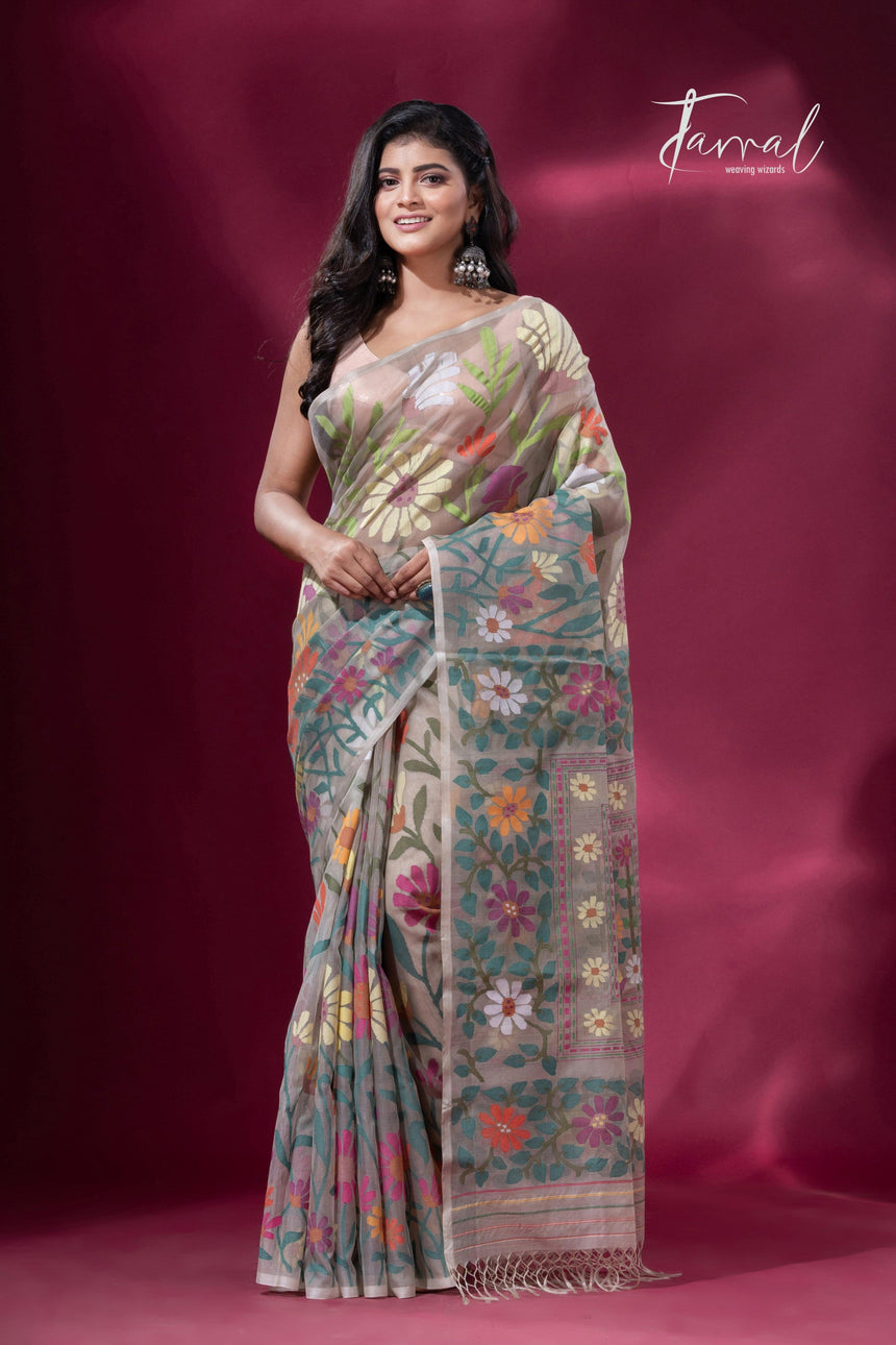 Offwhite with multicolour allover sunflower motifs muslin silk handwoven jamdani saree - Tamal Boutique