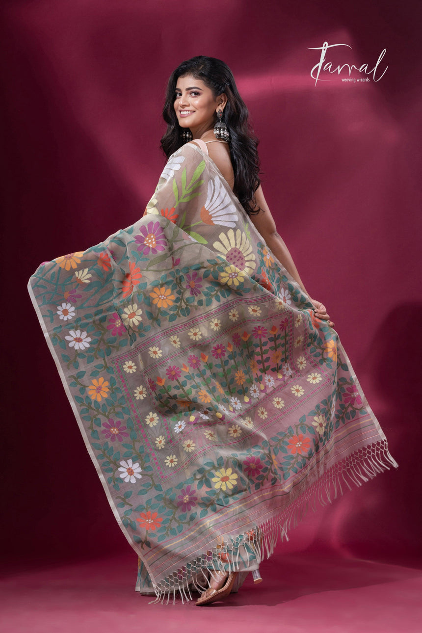 Offwhite with multicolour allover sunflower motifs muslin silk handwoven jamdani saree - Tamal Boutique