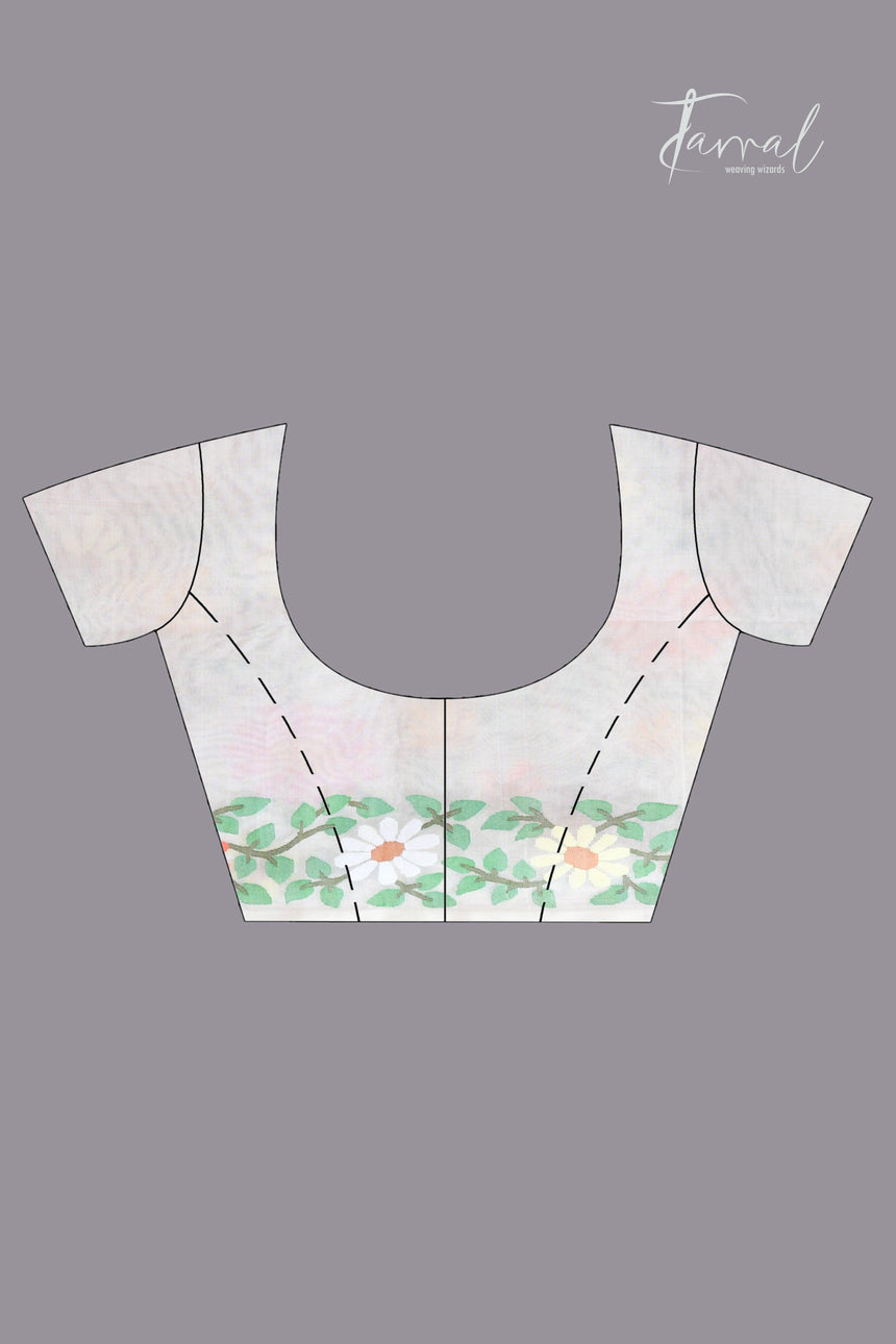 Offwhite with multicolour allover sunflower motifs muslin silk handwoven jamdani saree - Tamal Boutique