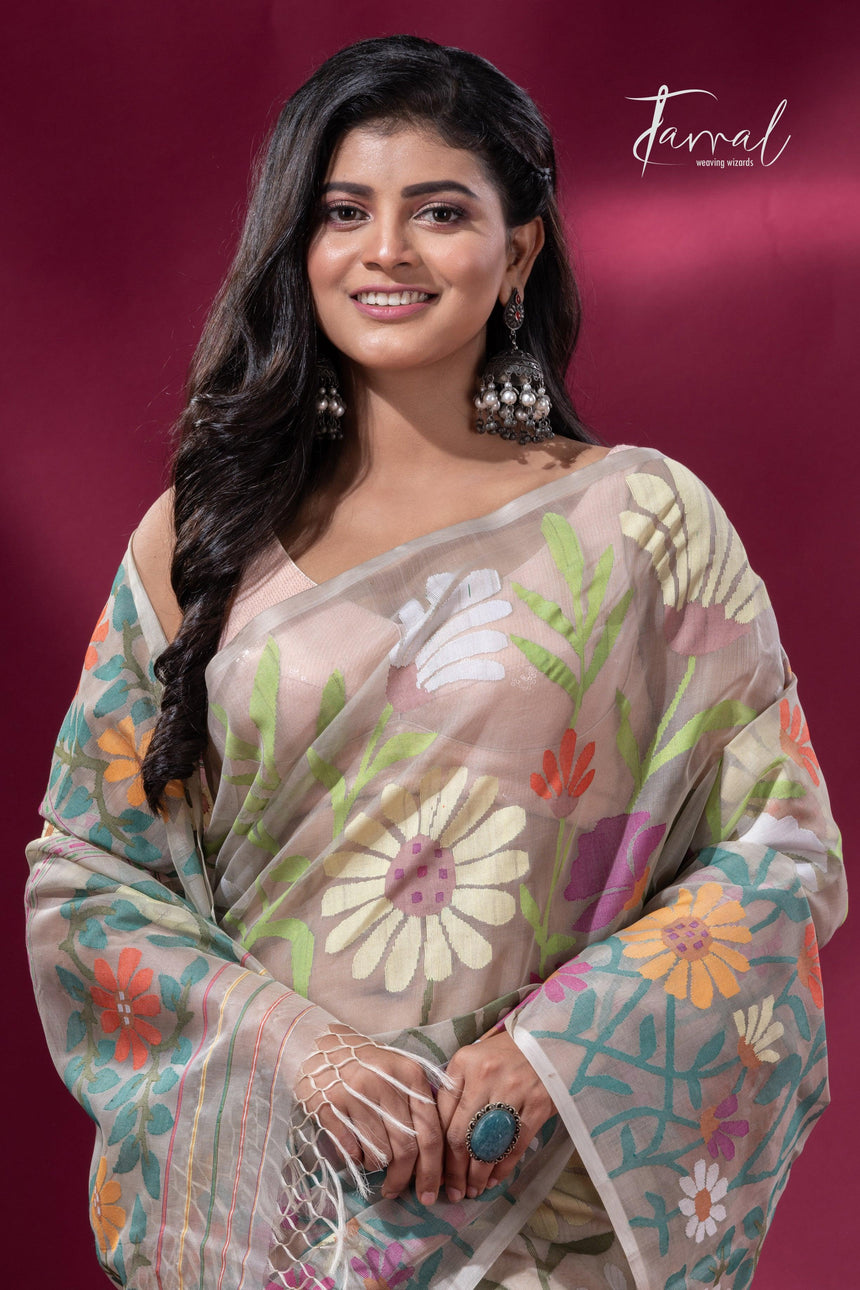Offwhite with multicolour allover sunflower motifs muslin silk handwoven jamdani saree - Tamal Boutique