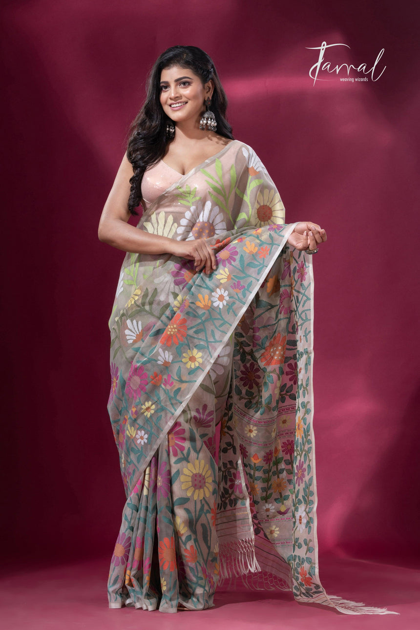 Offwhite with multicolour allover sunflower motifs muslin silk handwoven jamdani saree - Tamal Boutique