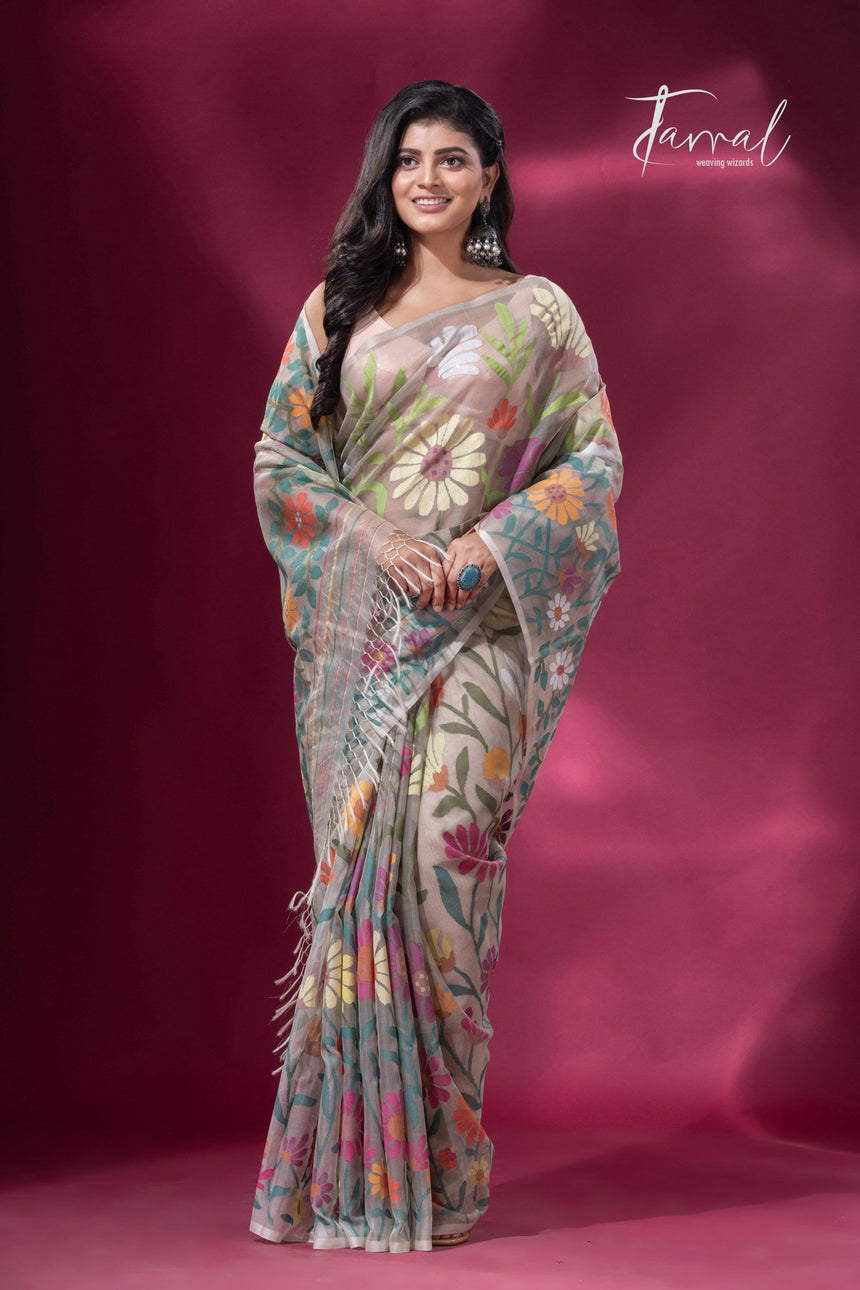 Offwhite with multicolour allover sunflower motifs muslin silk handwoven jamdani saree - Tamal Boutique