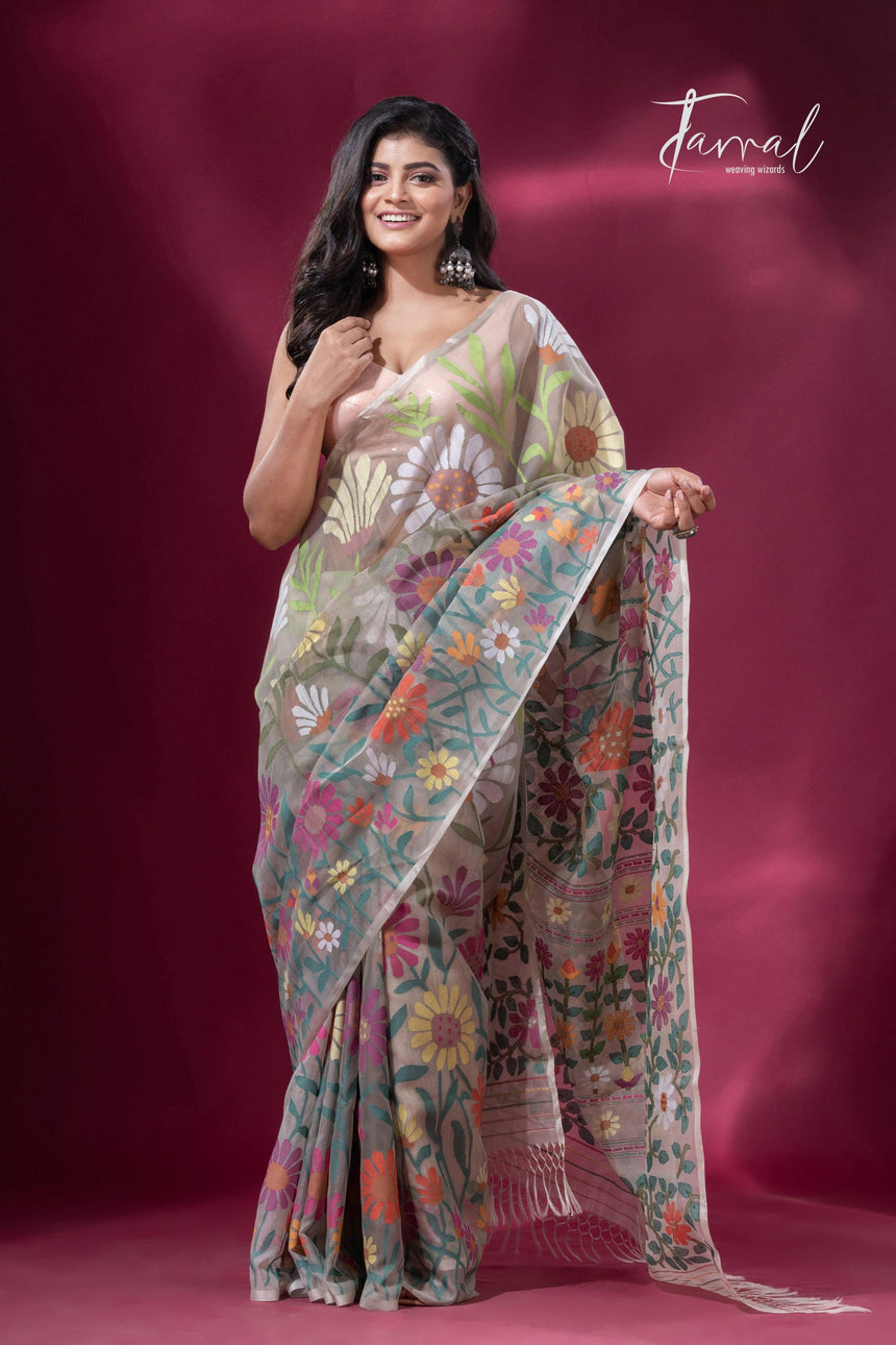 Offwhite with multicolour allover sunflower motifs muslin silk handwoven jamdani saree - Tamal Boutique
