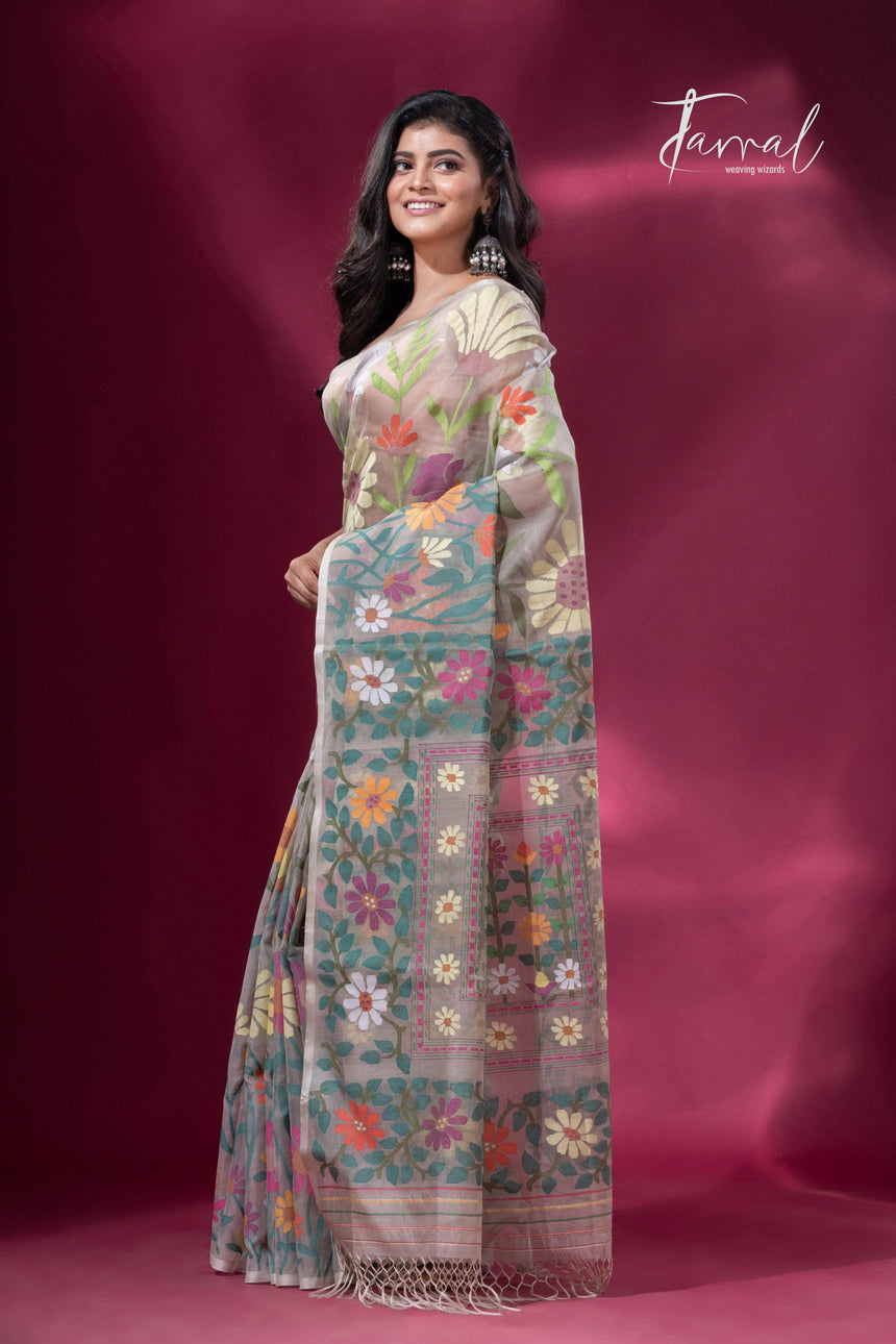 Offwhite with multicolour allover sunflower motifs muslin silk handwoven jamdani saree - Tamal Boutique