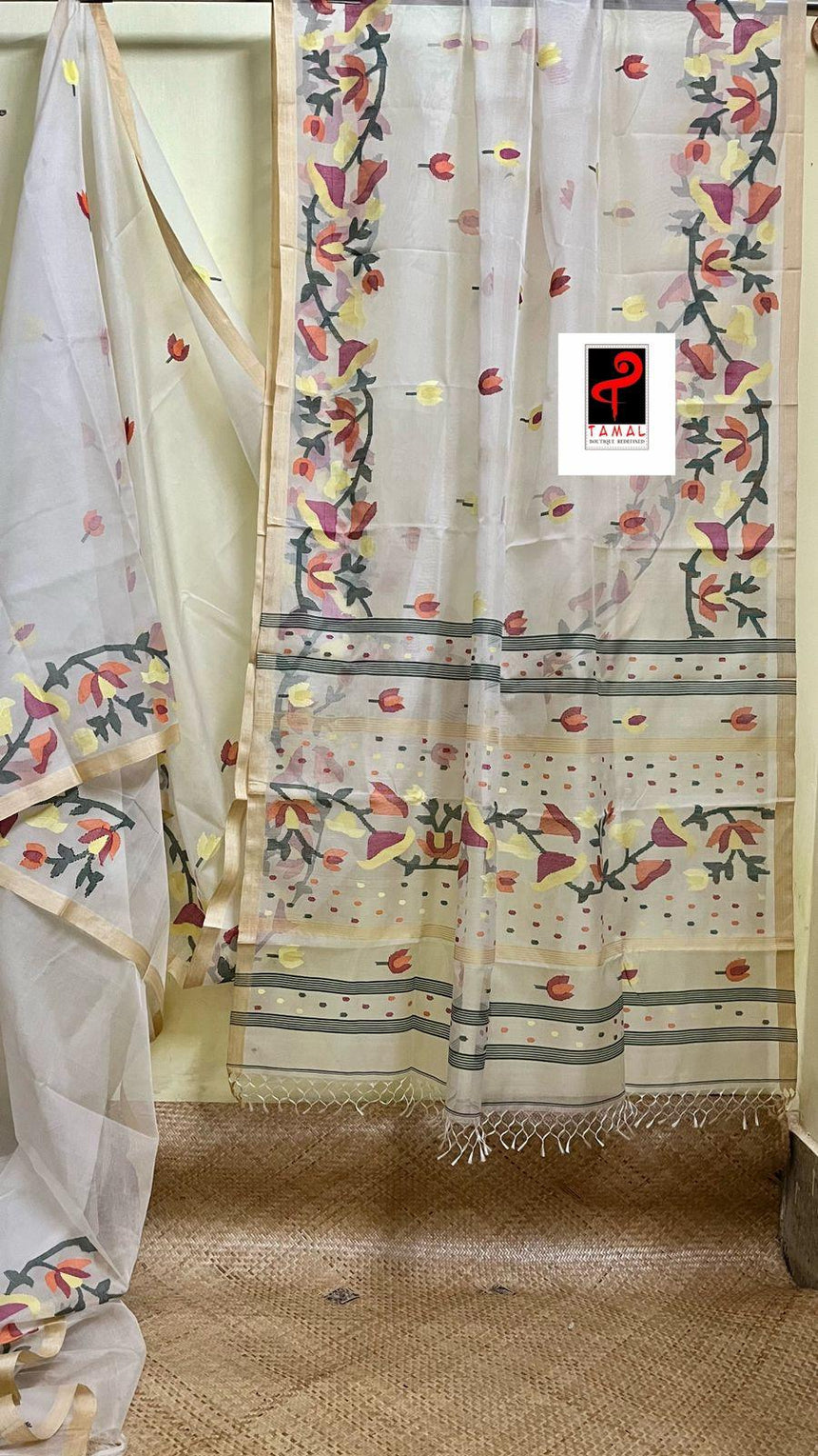 Off white with multi colour kalmilata floral handwoven muslin silk jamdani saree - Tamal Boutique