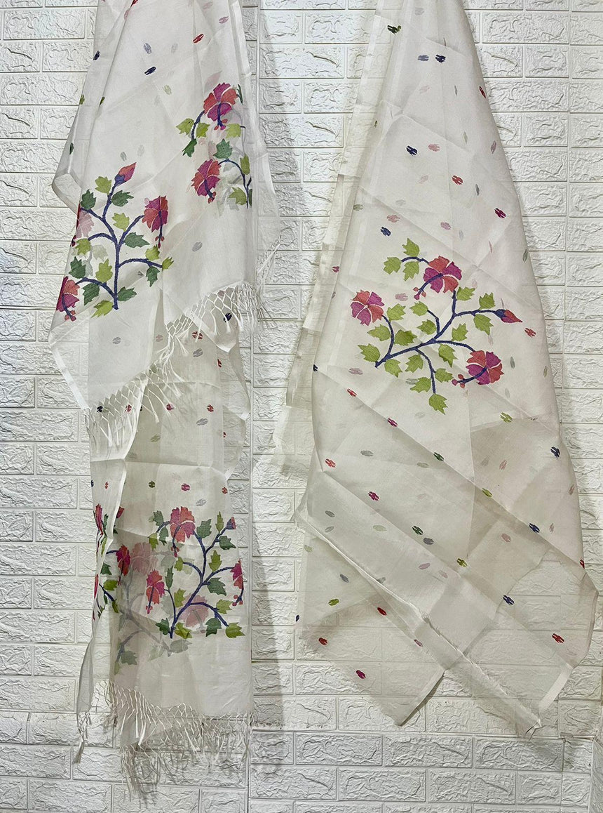 Offwhite with multi colour hibiscus motifs handwoven muslin silk jamdani kurti & dupatta set - Tamal Boutique