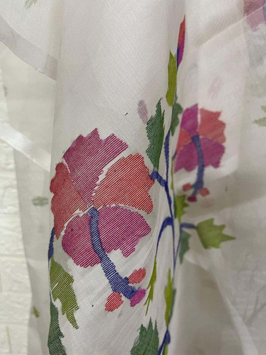 Offwhite with multi colour hibiscus motifs handwoven muslin silk jamdani kurti & dupatta set - Tamal Boutique