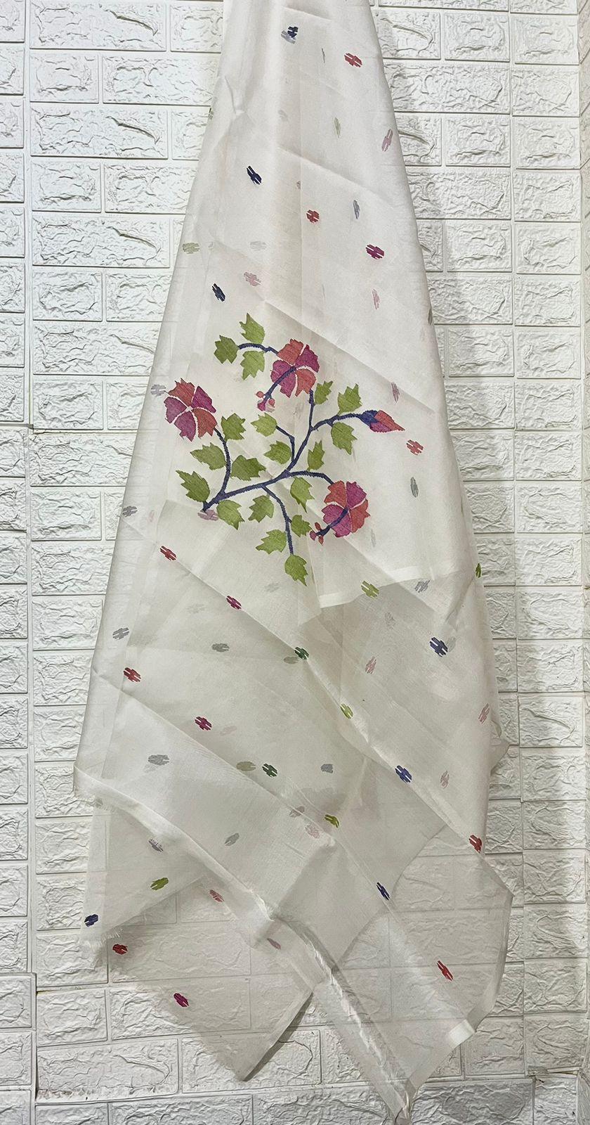 Offwhite with multi colour hibiscus motifs handwoven muslin silk jamdani kurti & dupatta set - Tamal Boutique