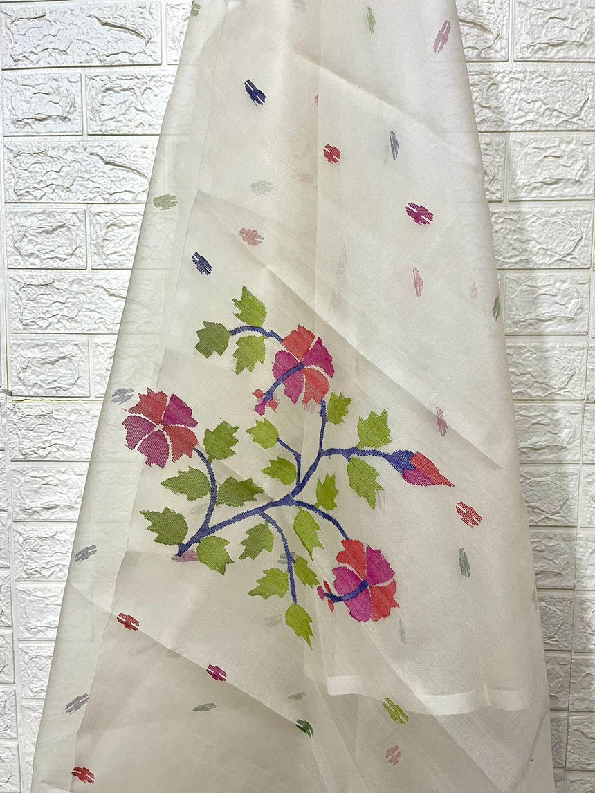 Offwhite with multi colour hibiscus motifs handwoven muslin silk jamdani kurti & dupatta set - Tamal Boutique