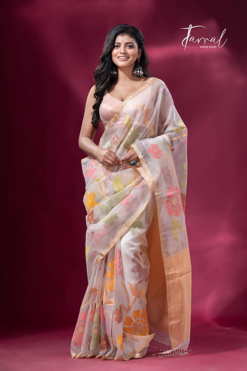 Offwhite muslin silk allover floral handwoven jamdani saree full