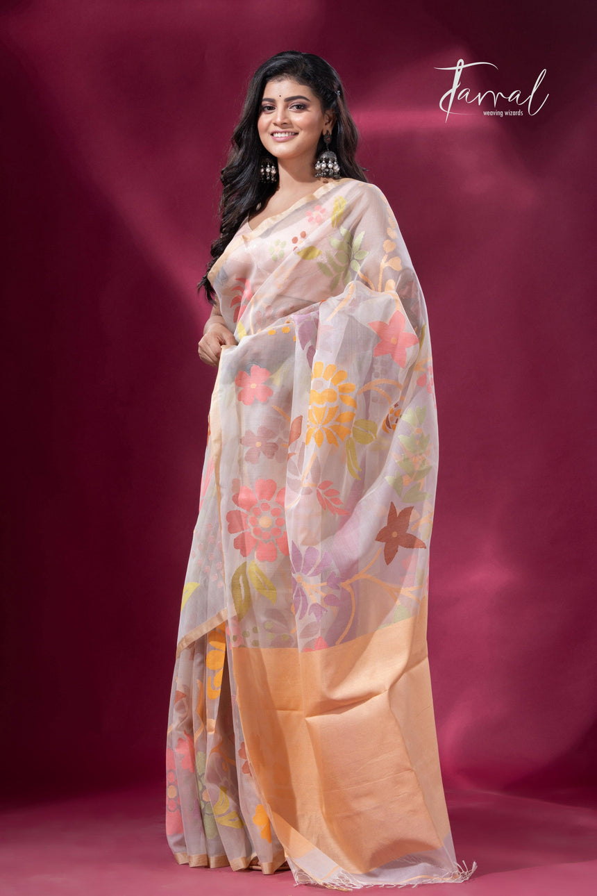 Offwhite muslin silk allover floral handwoven jamdani saree left