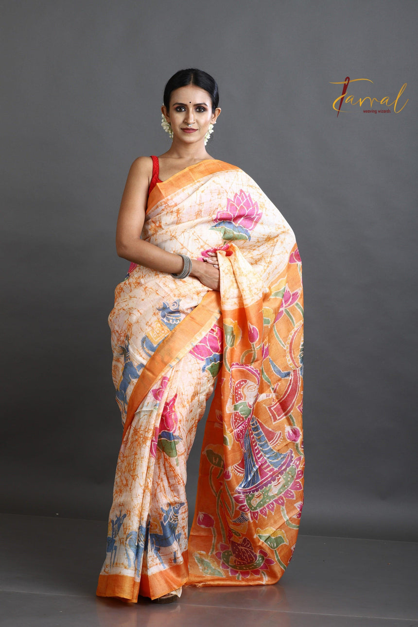 Offwhite with orange lotus motifs hand batik tussar silk saree - Tamal Boutique