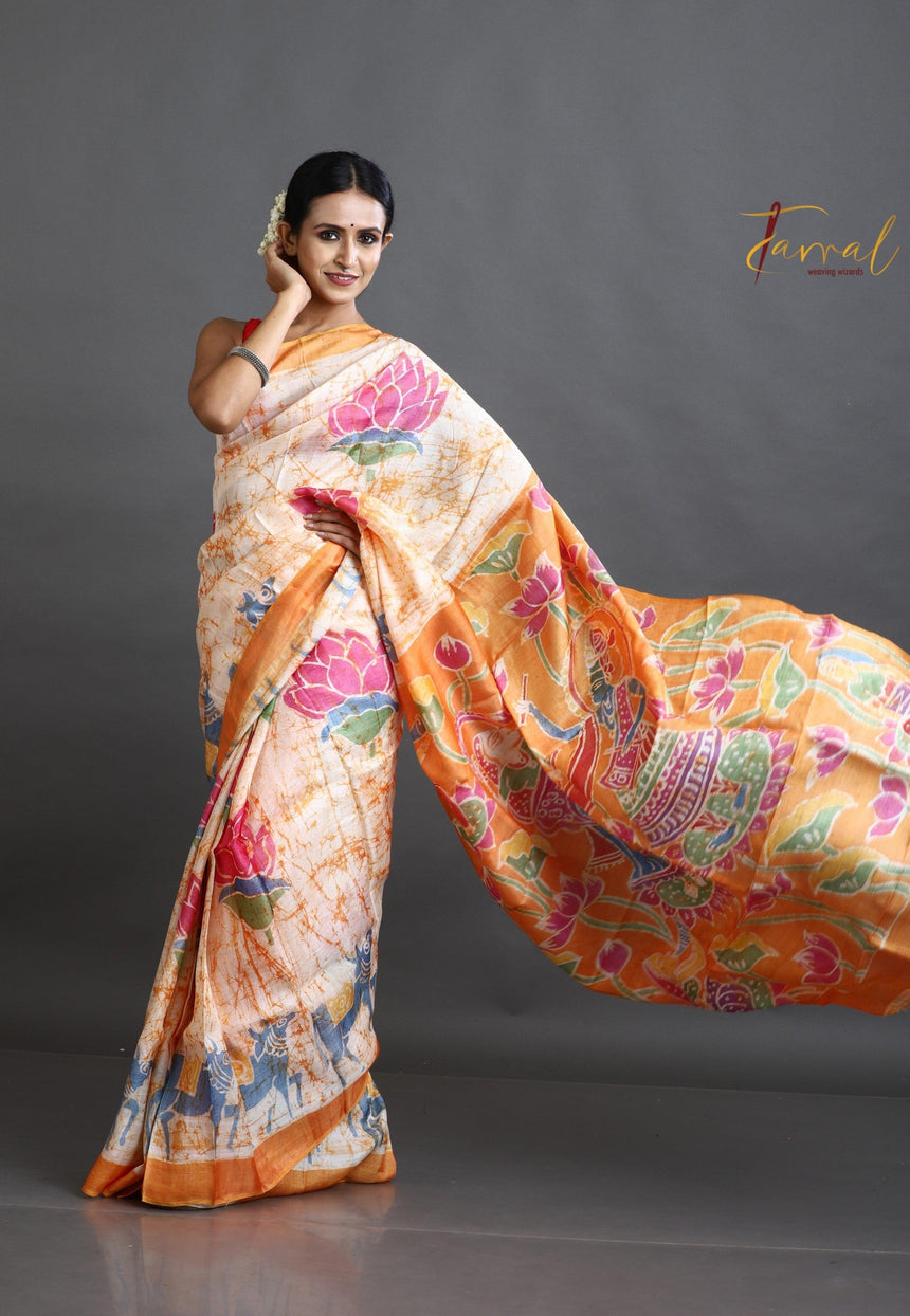 Offwhite with orange lotus motifs hand batik tussar silk saree - Tamal Boutique