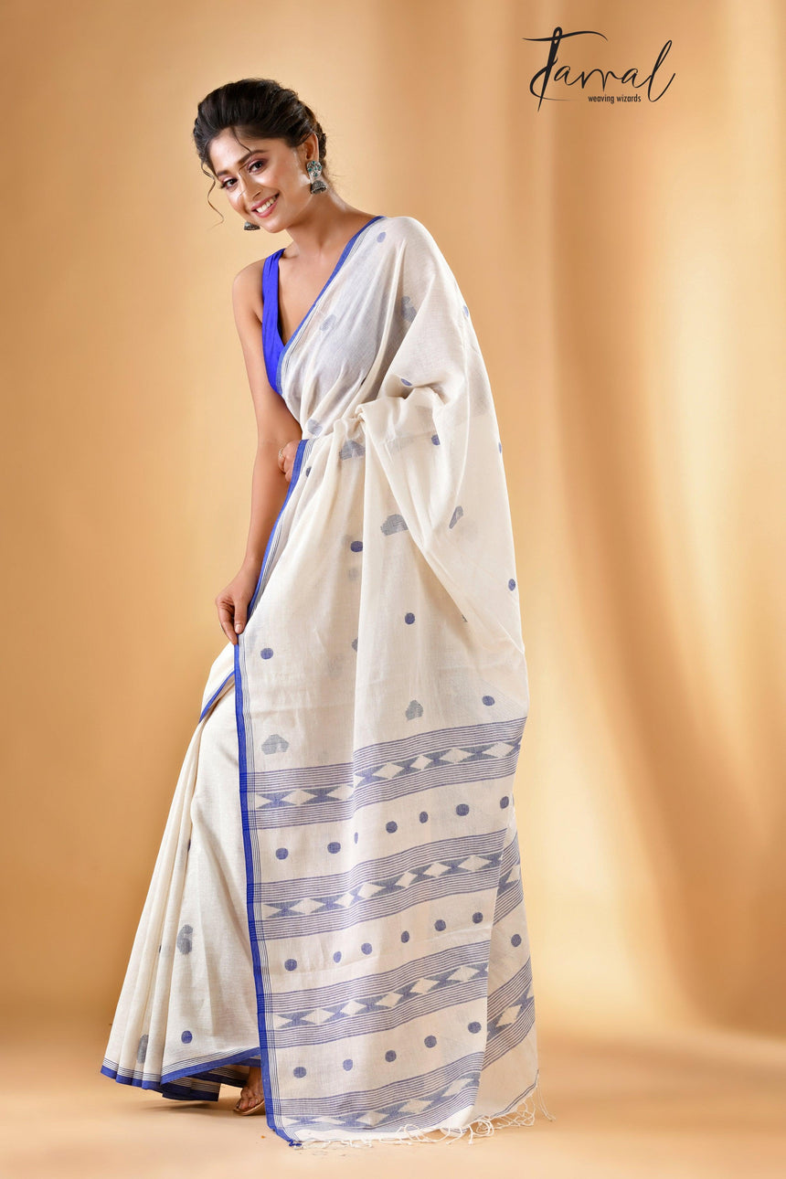 Offwhite pure cotton diamond motifs handwoven jamdani saree