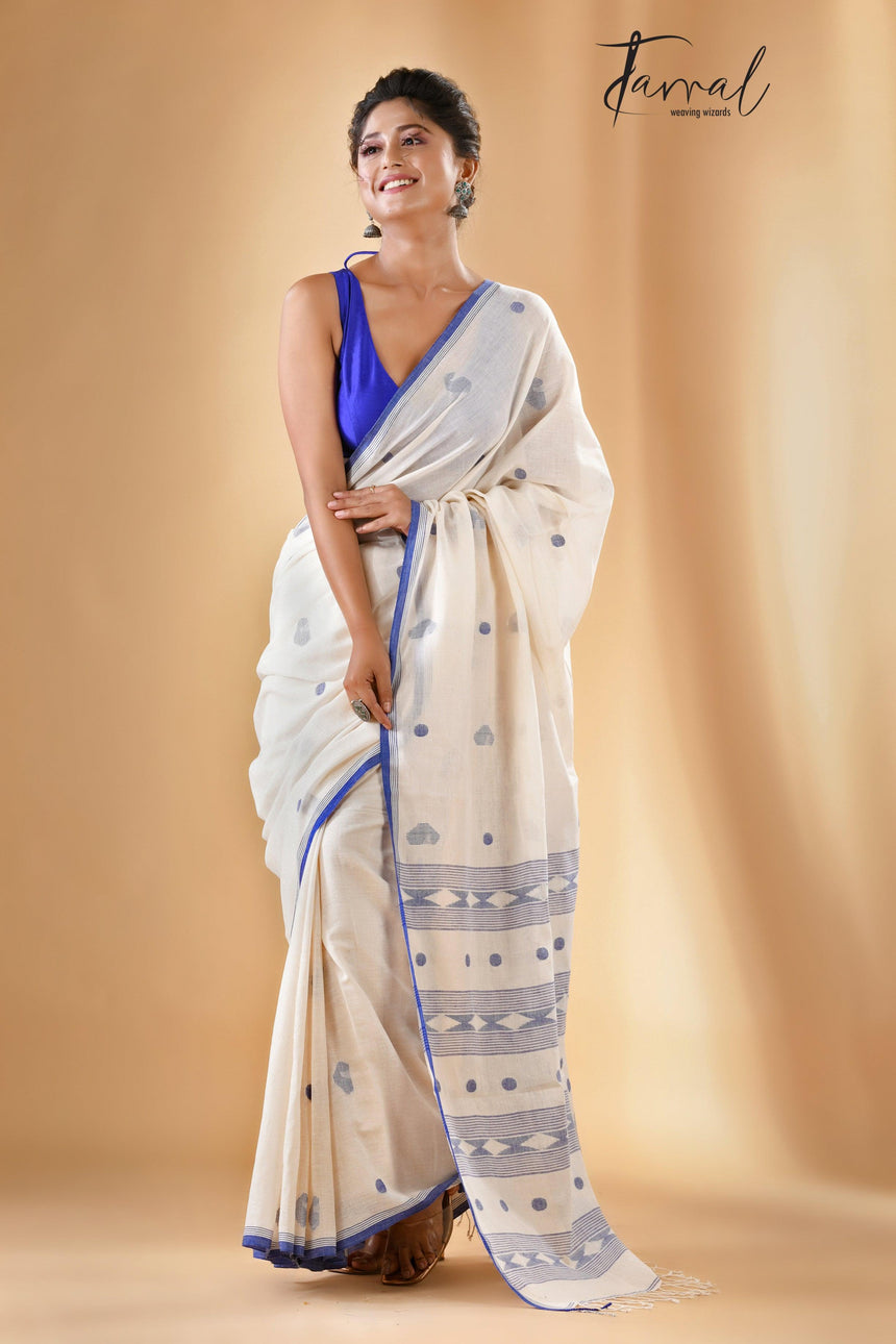 Offwhite pure cotton diamond motifs handwoven jamdani saree