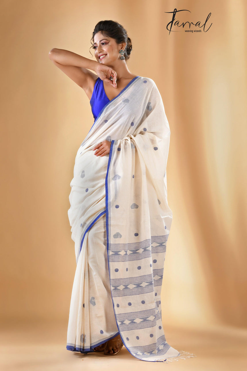 Offwhite pure cotton diamond motifs handwoven jamdani saree