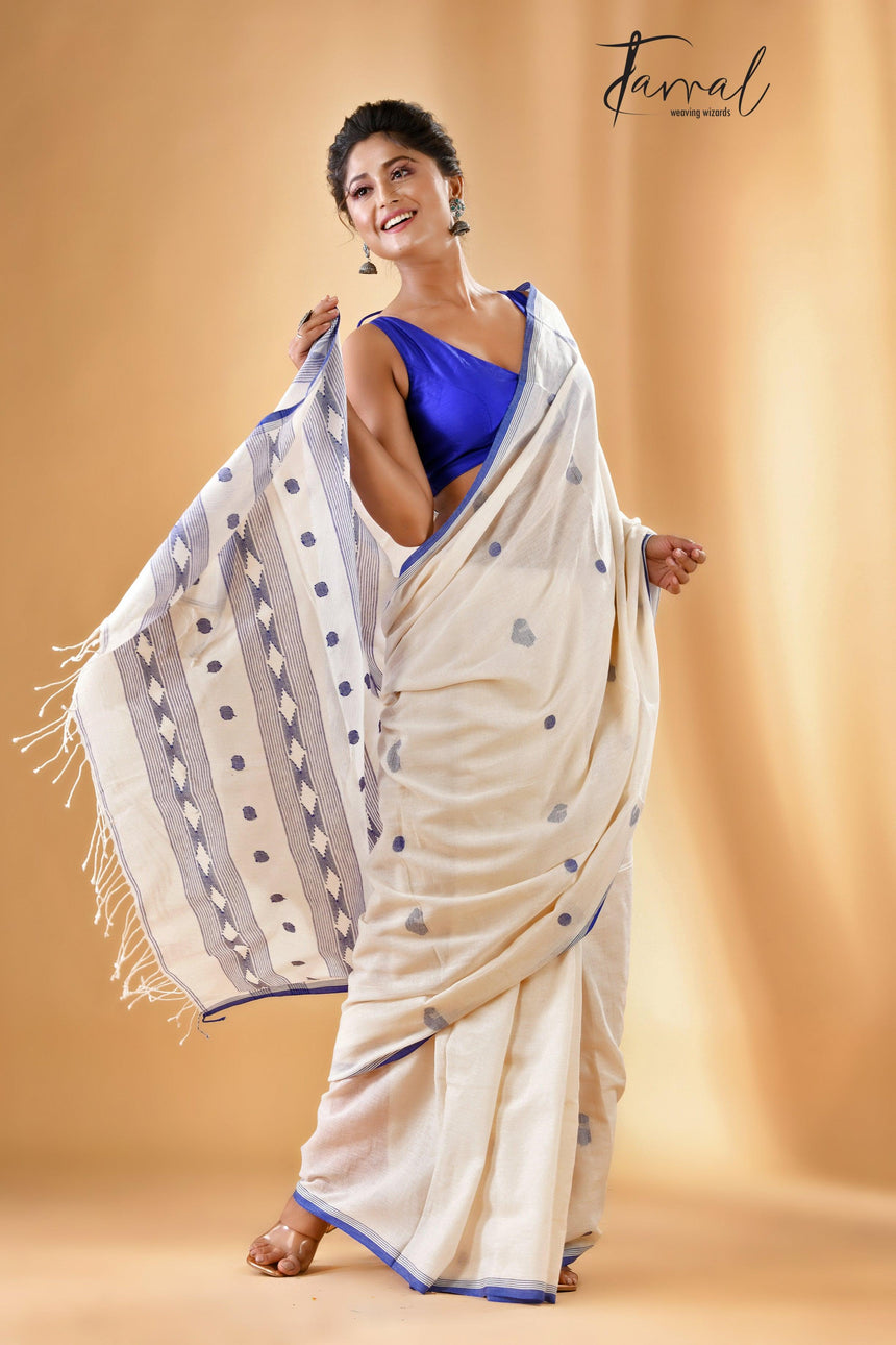 Offwhite pure cotton diamond motifs handwoven jamdani saree