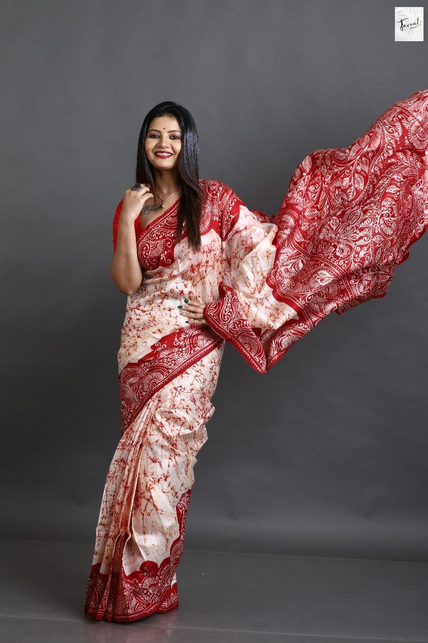 Offwhite red alpona motifs handcrafted pure batik silk saree
