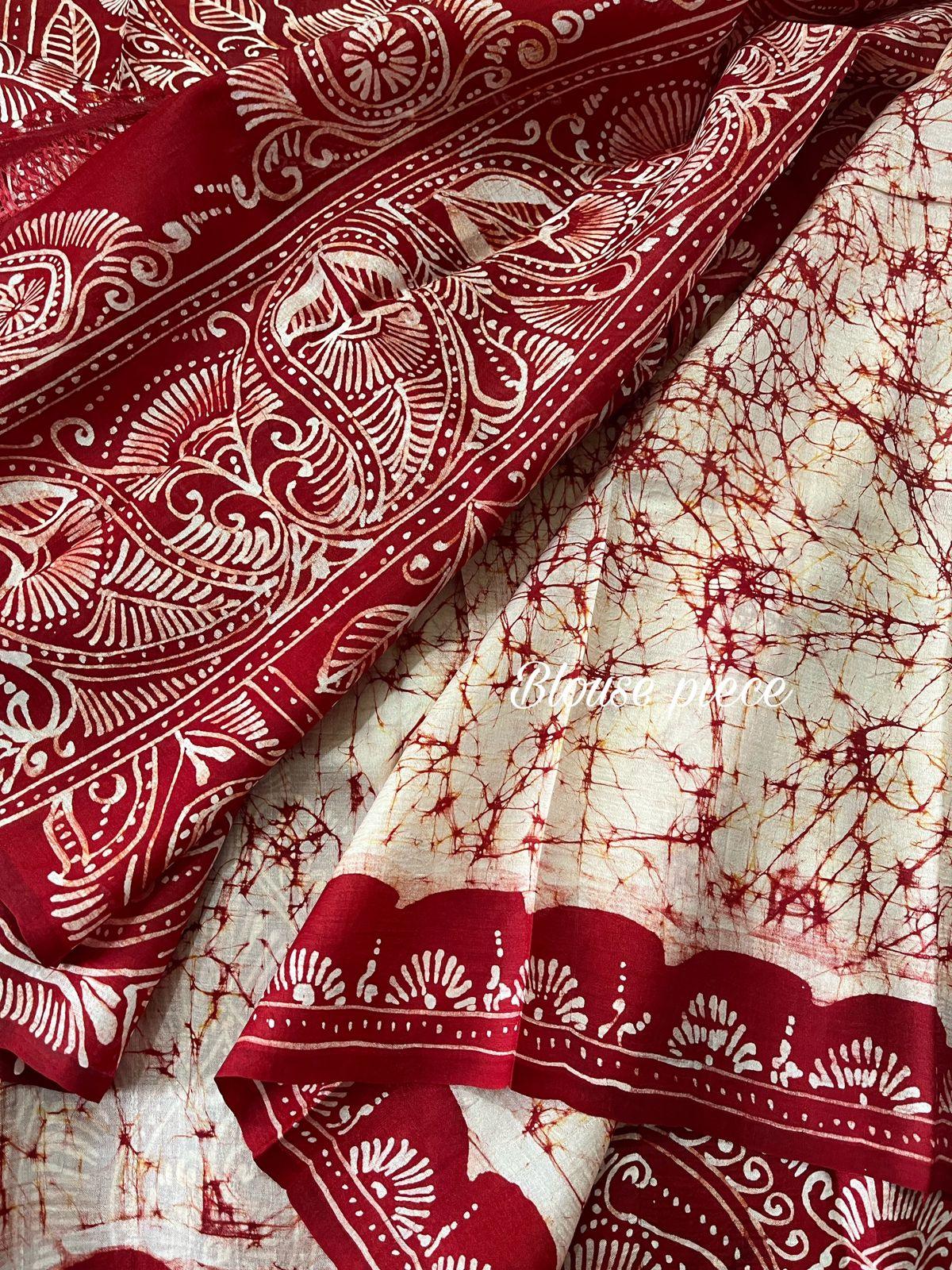 Offwhite red alpona motifs handcrafted pure batik silk saree