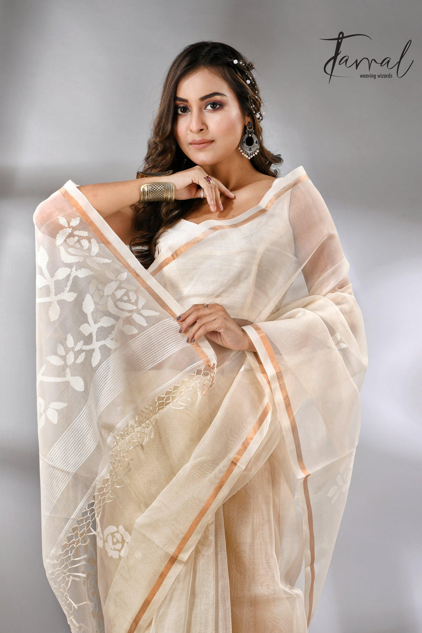 Offwhite self rose motifs handwoven jamdani saree in muslin silk - Tamal Boutique