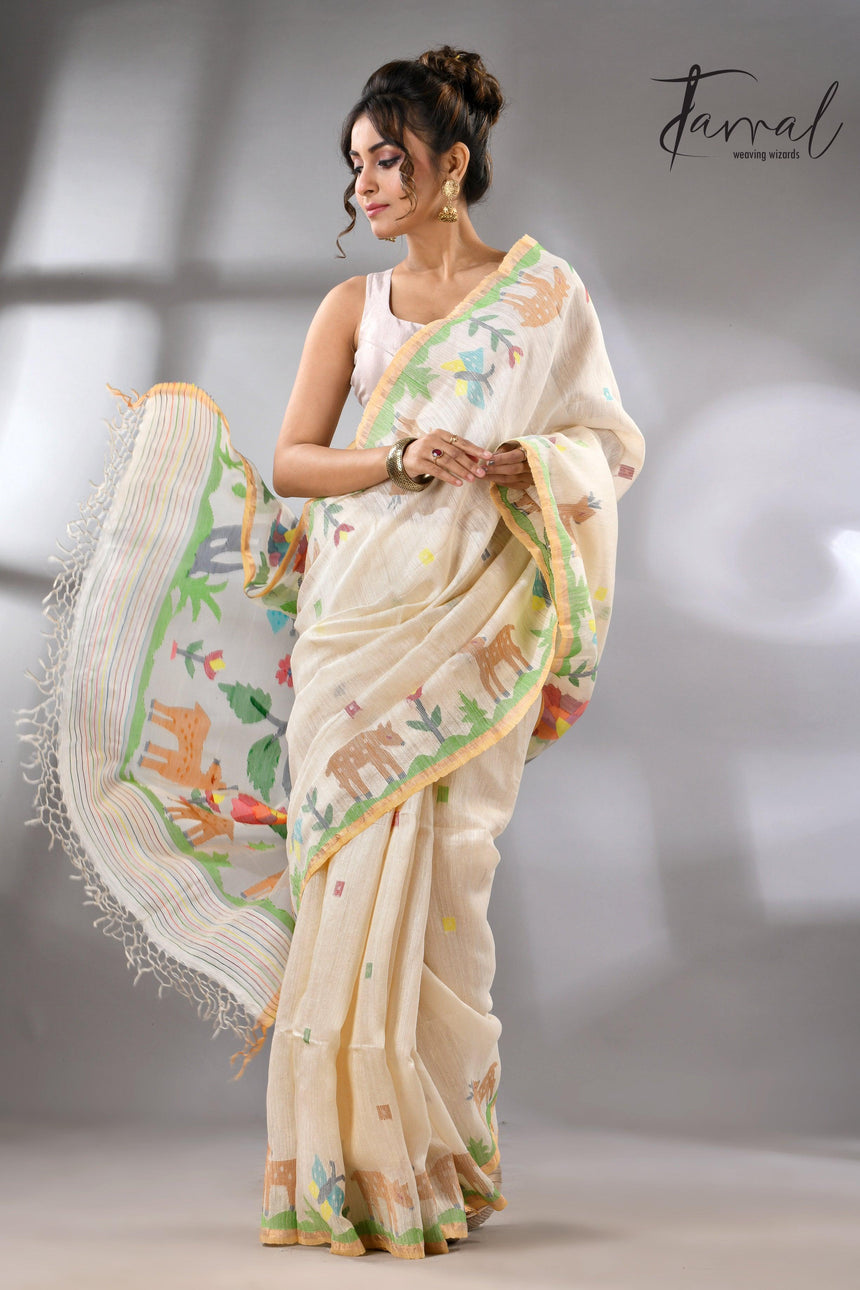 Offwhite story of our jungle book handwoven jamdani in pure matka silk - Tamal Boutique
