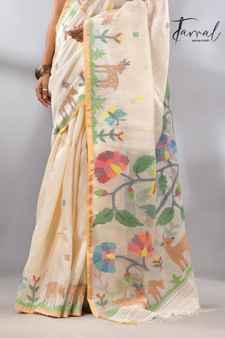 Offwhite story of our jungle book handwoven jamdani in pure matka silk - Tamal Boutique