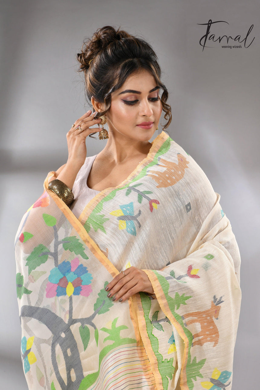 Offwhite story of our jungle book handwoven jamdani in pure matka silk - Tamal Boutique