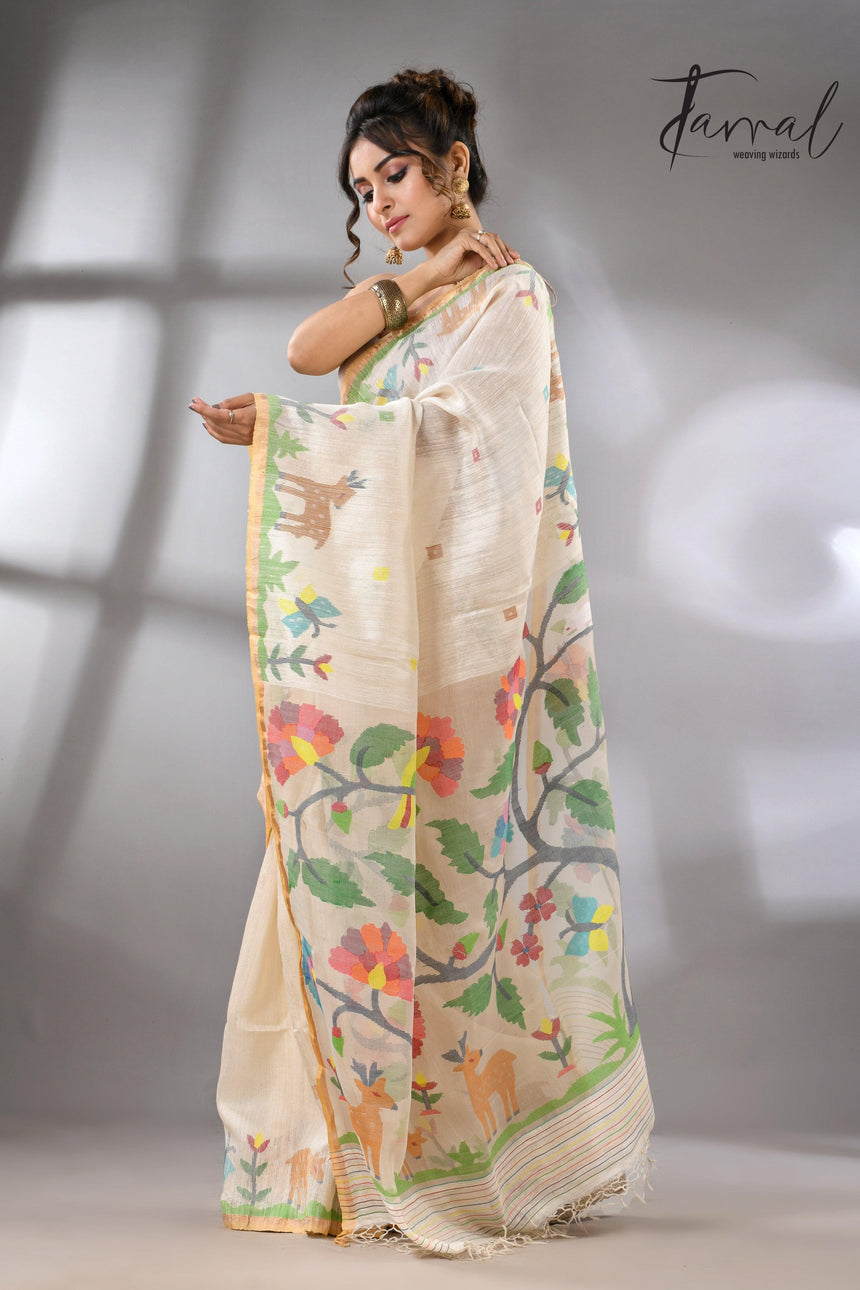 Offwhite story of our jungle book handwoven jamdani in pure matka silk - Tamal Boutique