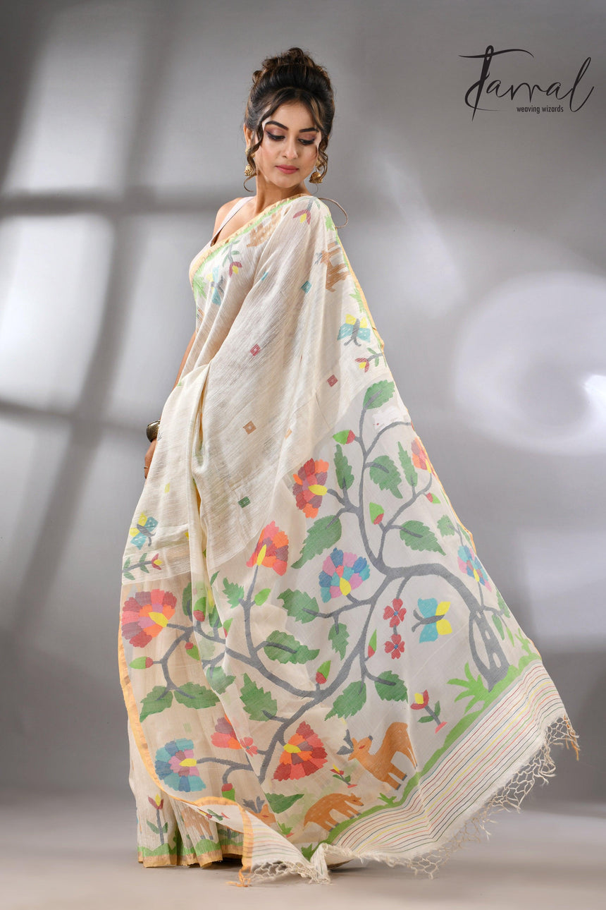 Offwhite story of our jungle book handwoven jamdani in pure matka silk - Tamal Boutique