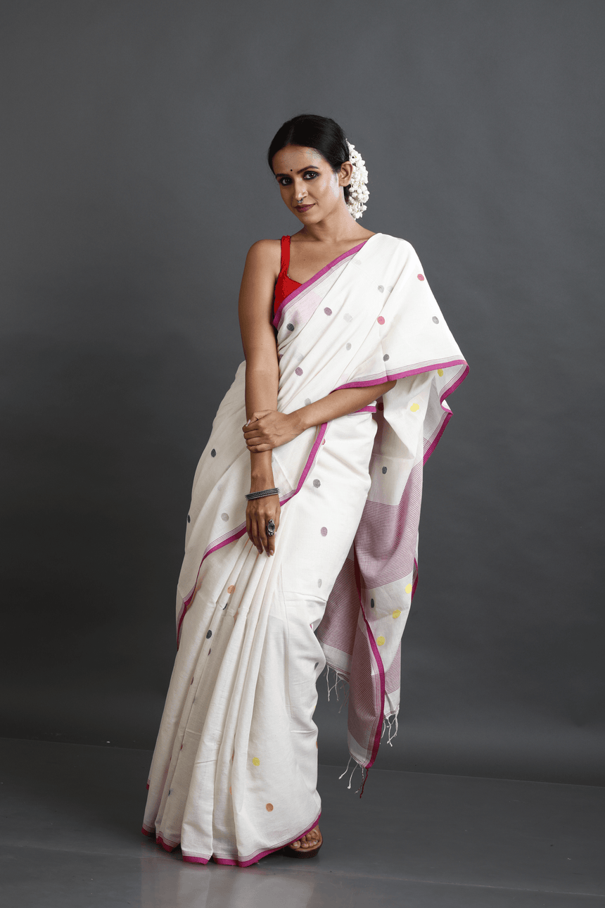 Offwhite with Pink border palka dot cotton handwoven jamdani saree - Tamal Boutique